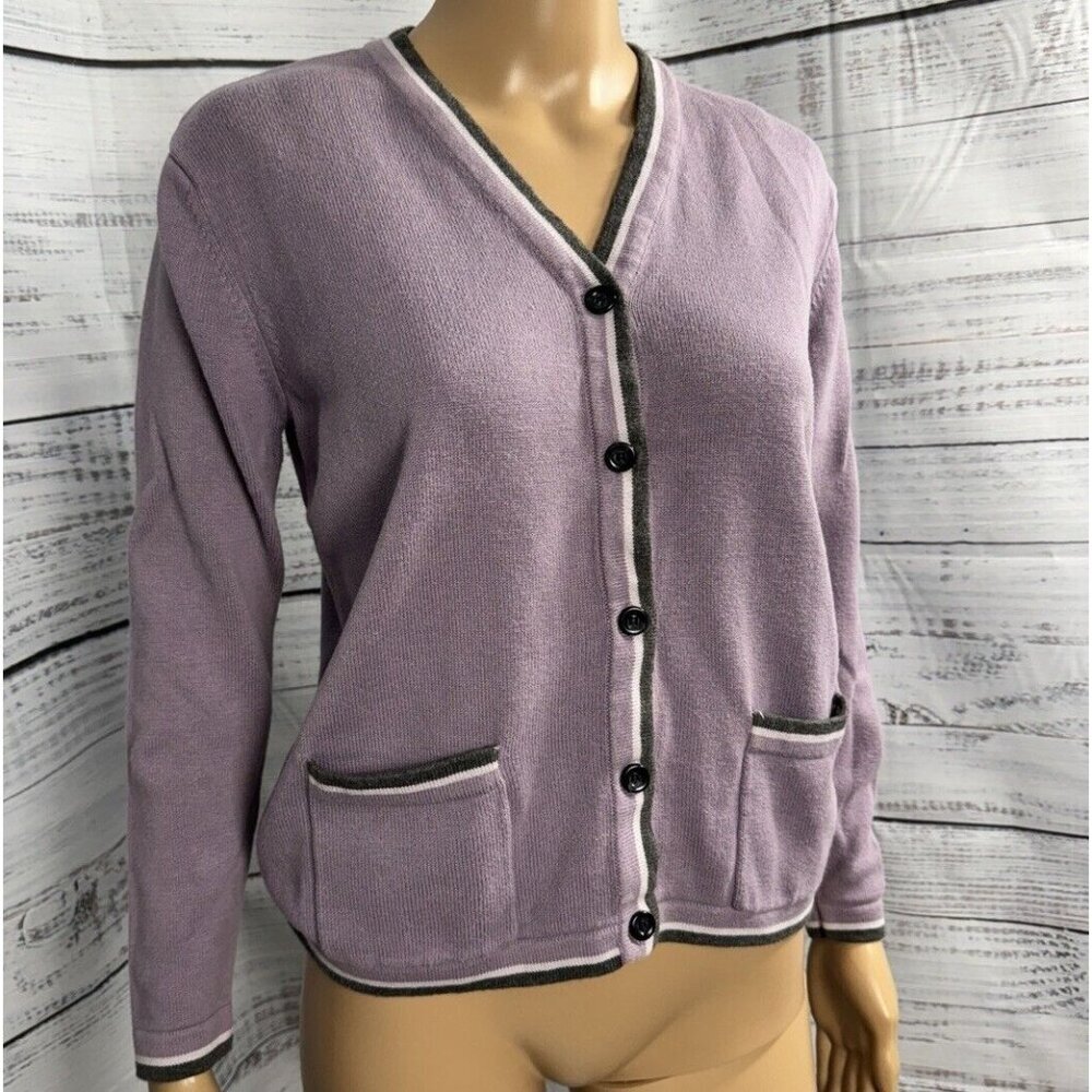 VTG Liz Claiborne Purple Cotton Cardigan Sweater Button Front Sz S Stripe Trim